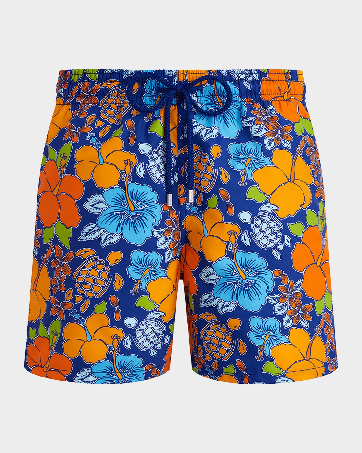 Blue swim shorts featuring a vibrant tropical floral pattern in orange and blue, with an elastic waistband and drawstring, made from lightweight material.