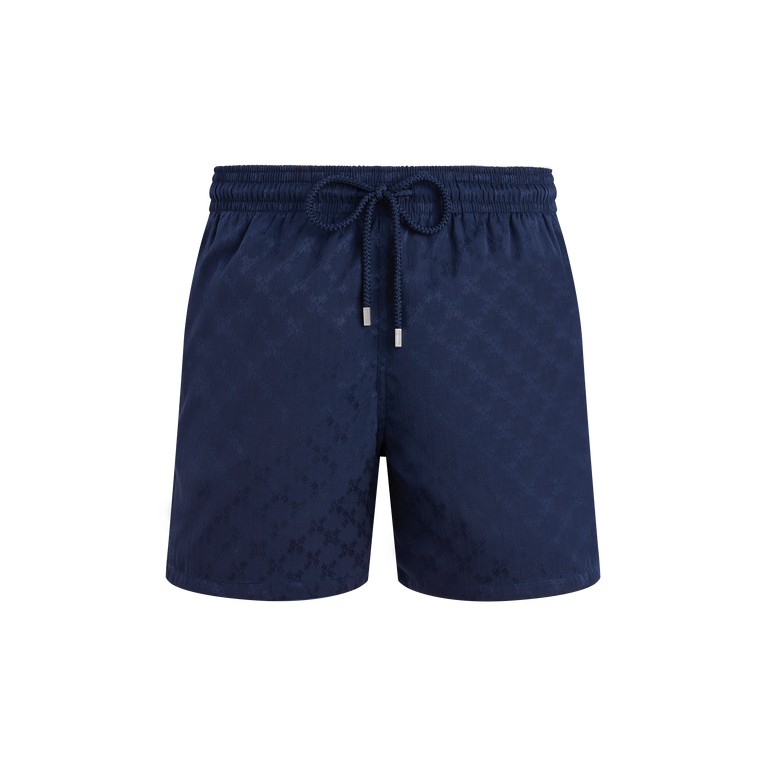 Blue swim shorts by Vilebrequin featuring a turtle monogram pattern, elastic waistband with drawstring, and a lightweight material, available in size M.