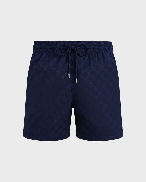 Blue men's swim shorts by Vilebrequin featuring a turtle monogram pattern, elastic waistband with drawstring, and made from lightweight material, size XXL.