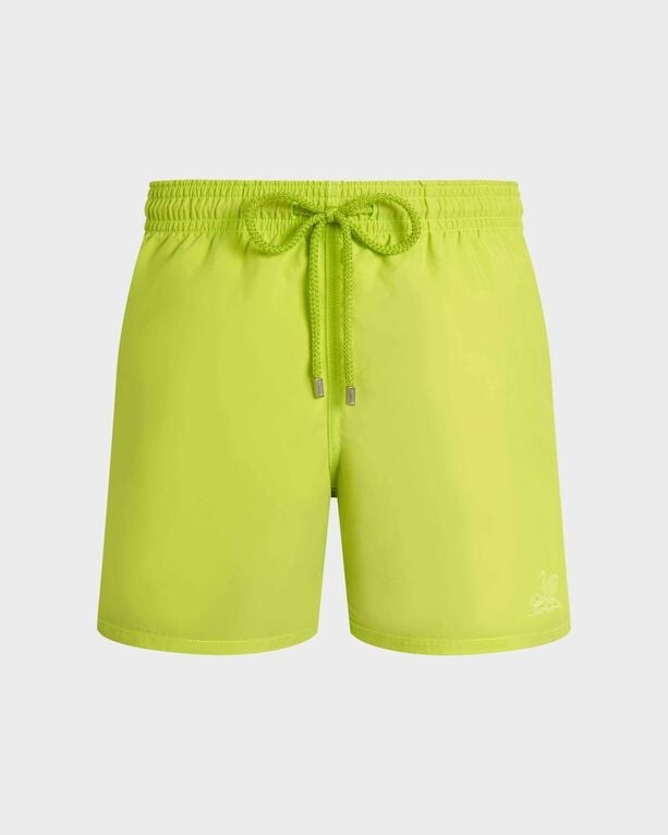 Bright green swim shorts featuring a water-reactive design, elastic waistband with drawstring, and a subtle logo detail, made from lightweight material, in size XXL.