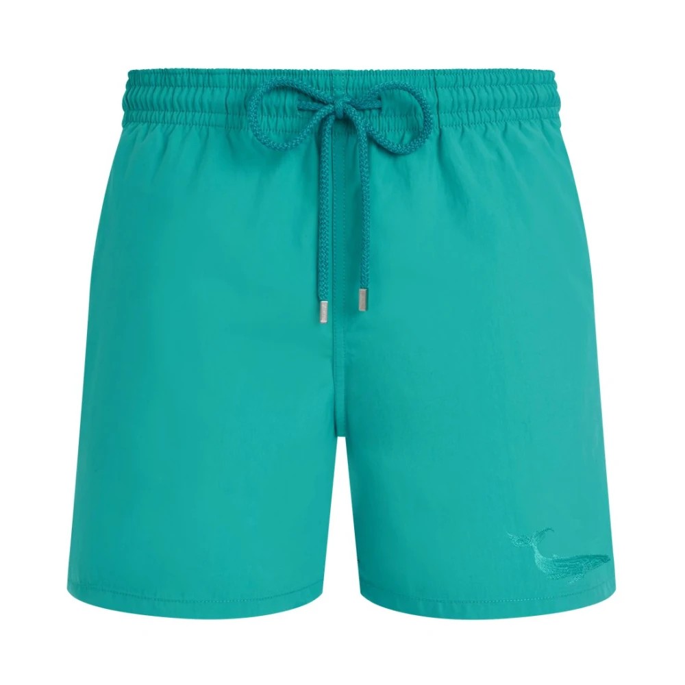 Green water-reactive swim shorts by Vilebrequin, featuring a drawstring waist and a subtle whale design, made from lightweight material, size XL.