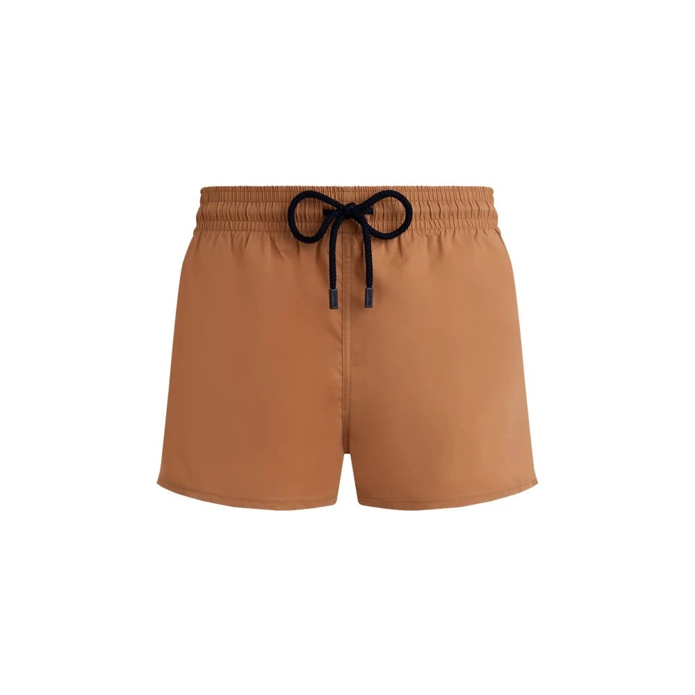Brown fitted swim shorts by Vilebrequin, featuring a solid color design, elastic waistband with a drawstring, and made from stretch material, available in size L.