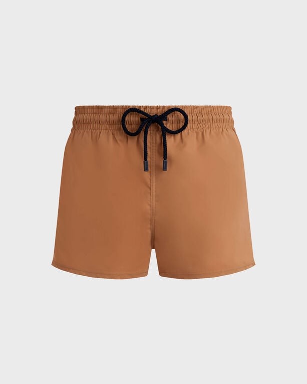 Brown fitted swim shorts by Vilebrequin, made from stretch material, featuring an elastic waistband with a navy drawstring, size XL.
