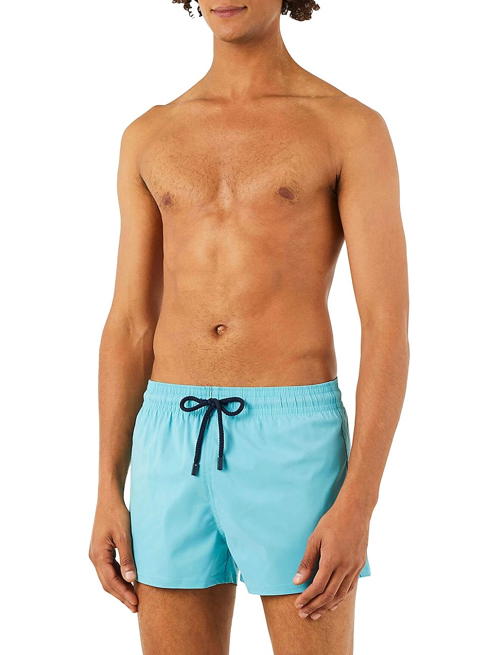 Purple fitted swim shorts made from stretch material, featuring an elastic waistband with a drawstring, ideal for men's swimwear, size M.