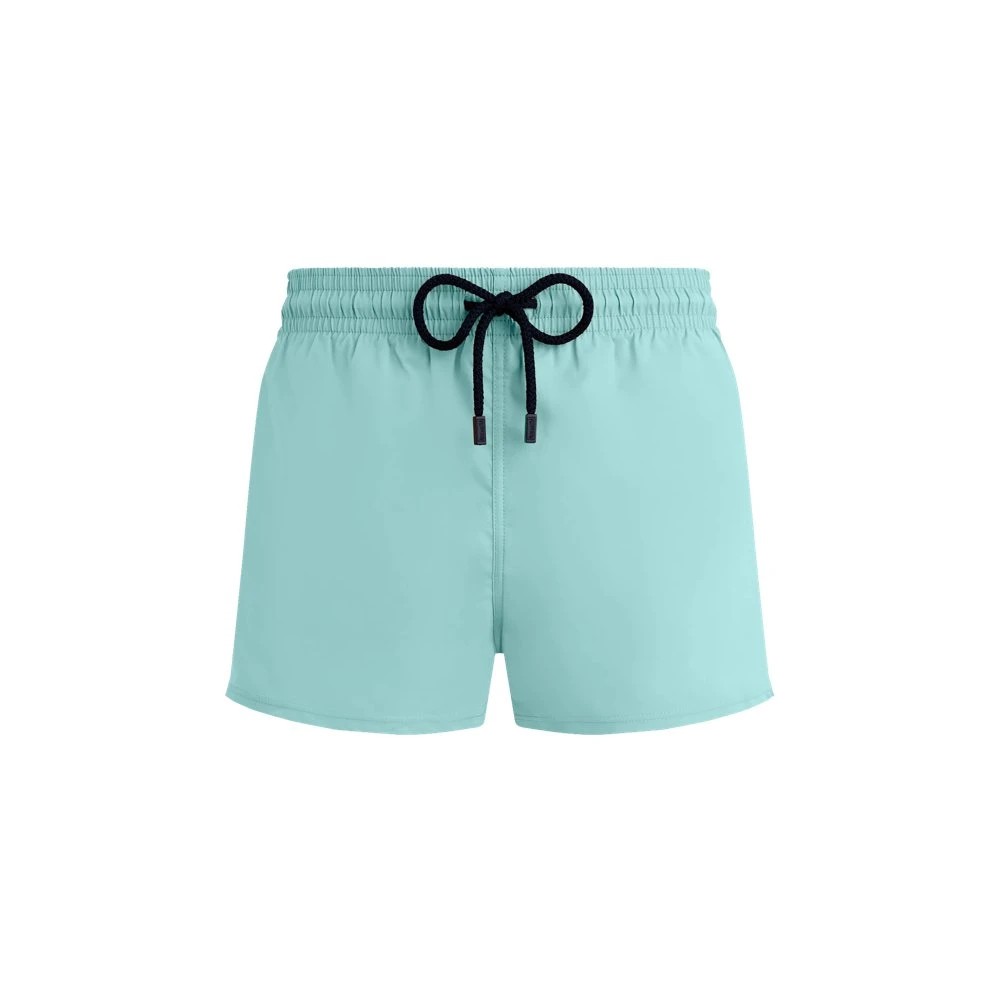 Blue fitted swim shorts made of stretch material, featuring an elastic waistband with a black drawstring, designed for men in size XS.