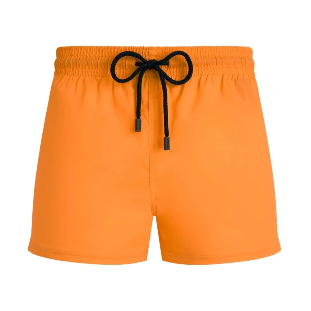 Bright orange men's swim shorts by Vilebrequin, featuring a fitted stretch design, elastic waistband with a black drawstring, and a solid color finish, size XL.