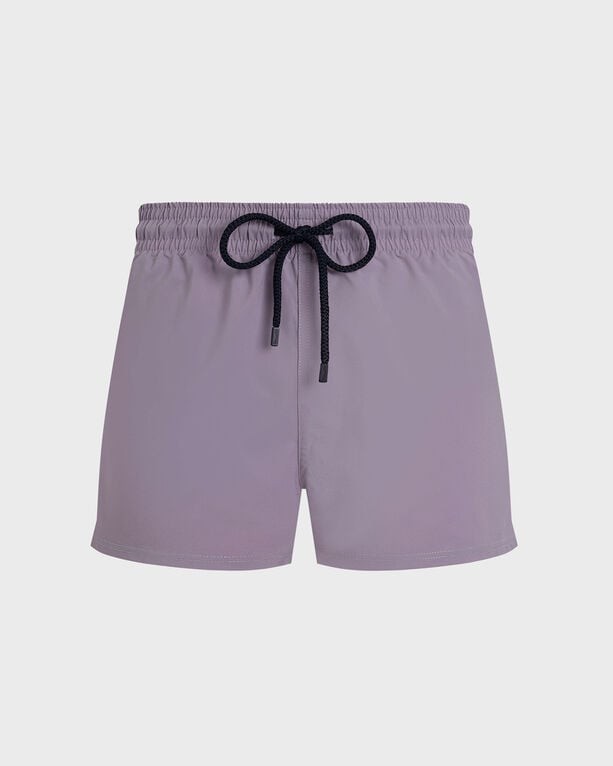 Purple fitted swim shorts by Vilebrequin, made from stretch material, featuring an elastic waistband with a black drawstring for adjustable fit, in size XXL.