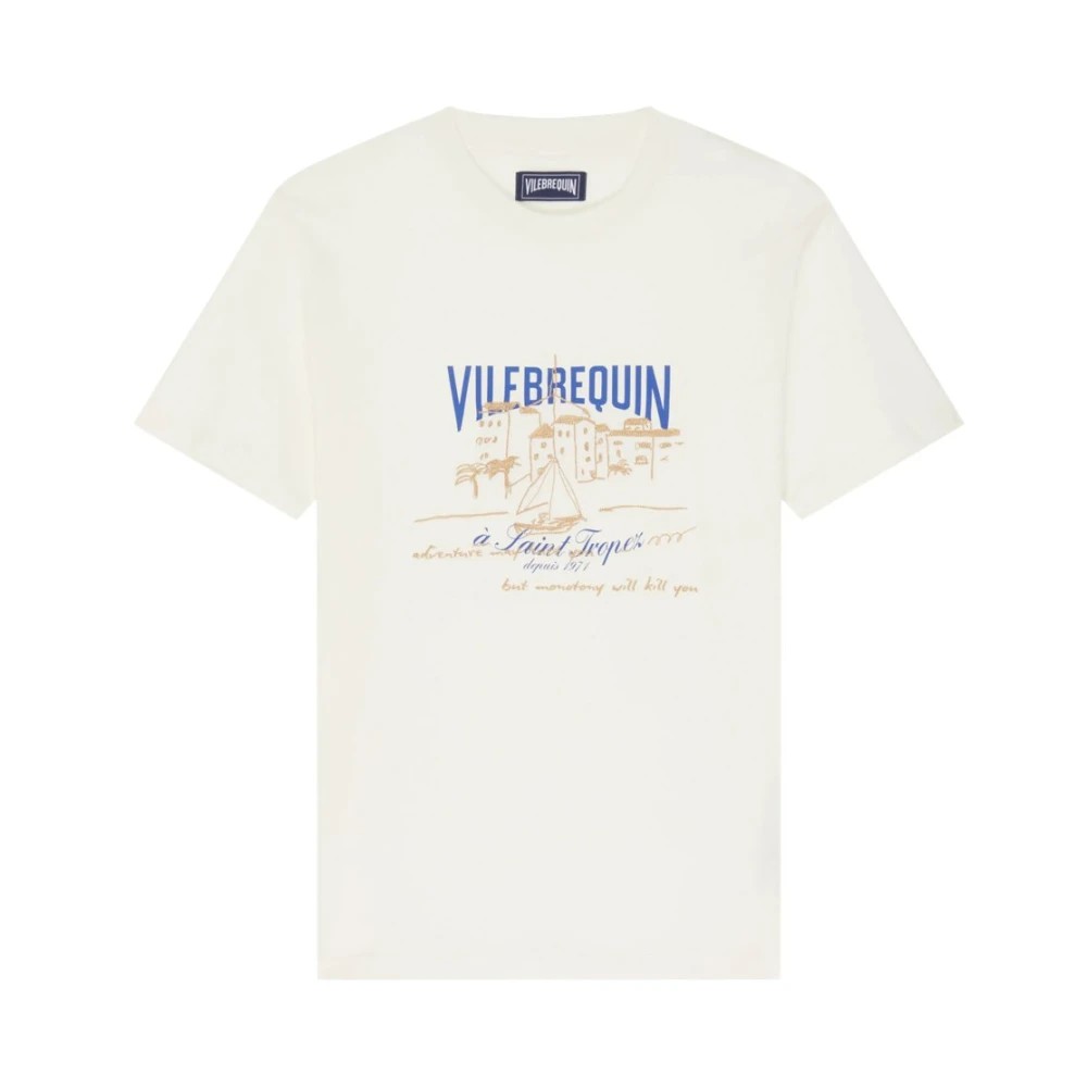 White cotton T-shirt featuring a blue and beige graphic print with the text "VILEBREQUIN" and a beach scene, in size XL.