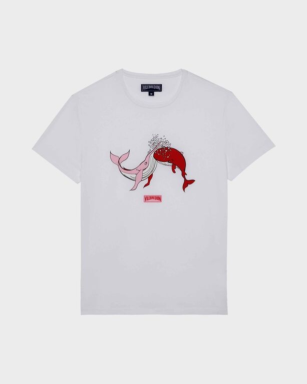 White cotton T-shirt featuring a playful graphic of two whales in pink and red, with bubbles, and the brand logo "Vilebrequin" at the neckline, size L.