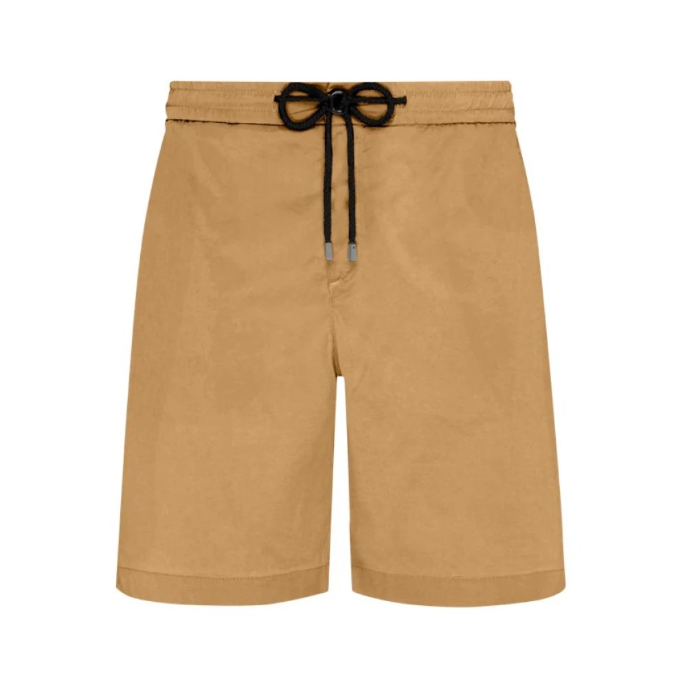 Brown Bermuda shorts made from Tencel and cotton, featuring a satin finish, elastic waistband with drawstring, and a relaxed fit, size 33.