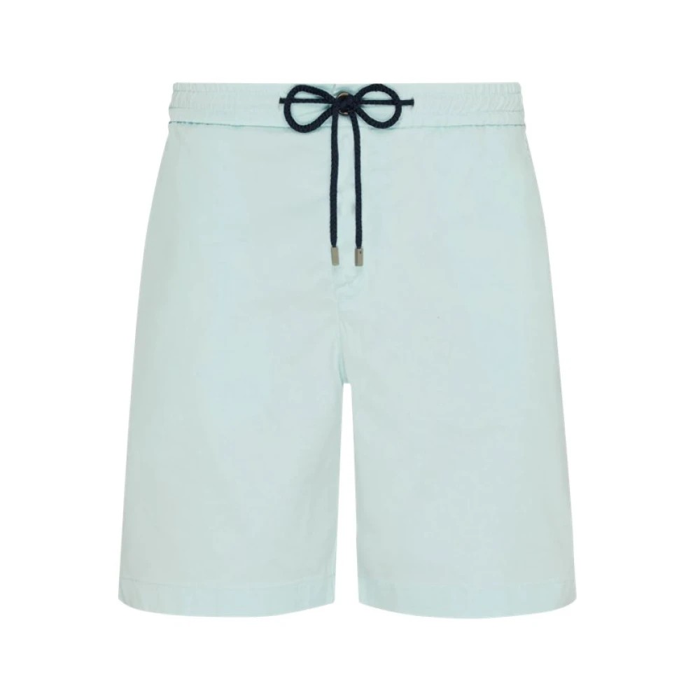 Light blue Bermuda shorts made from Tencel and cotton, featuring an elastic waistband with a navy drawstring and a relaxed fit, size 36.
