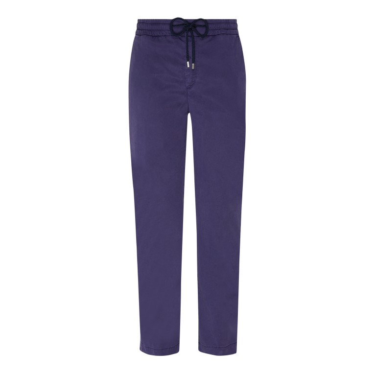 Men's blue Tencel cotton pants with an elastic waist, drawstring closure, and a relaxed fit, featuring a smooth texture and a size 38 designation.