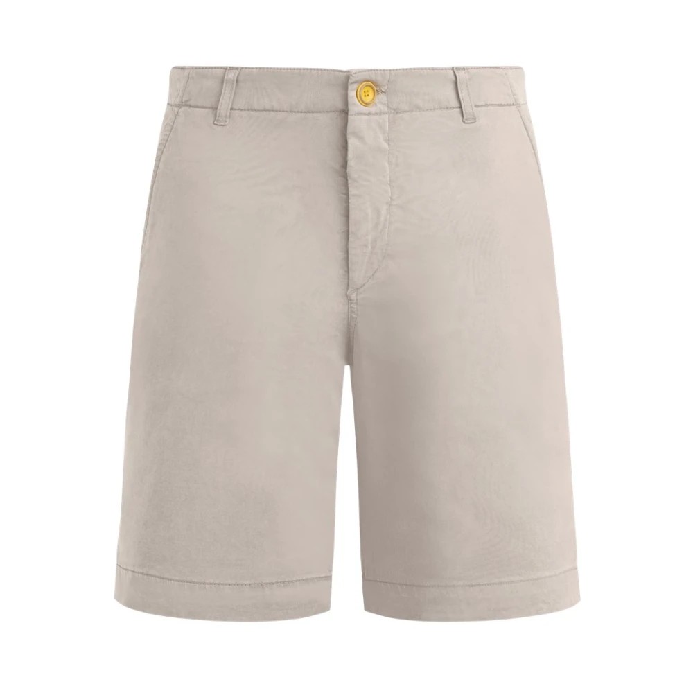 Beige Bermuda shorts made from Tencel gabardine, featuring a button closure, side pockets, and a rolled hem, available in size 36.