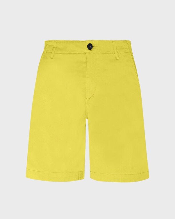 Men's yellow Tencel gabardine Bermuda shorts by Vilebrequin, featuring a button closure, flat front, and knee-length design, size 36.