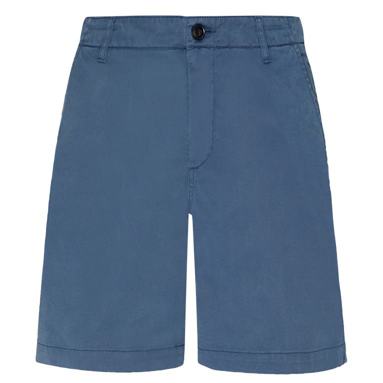 Men's blue Tencel gabardine Bermuda shorts featuring a button closure, side pockets, and a relaxed fit, available in size 34.