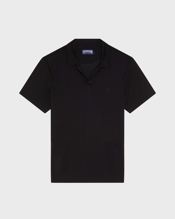 Black Tencel polo shirt by Vilebrequin, featuring a classic collar and short sleeves, with a subtle logo on the chest, available in size L.