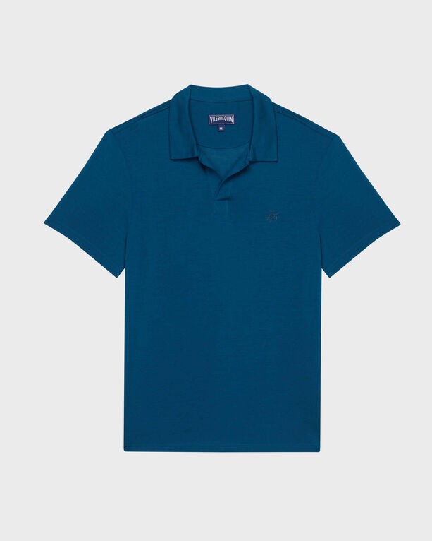 Solid blue Tencel polo shirt by Vilebrequin, featuring a classic collar, short sleeves, and a subtle logo on the chest, available in size S.