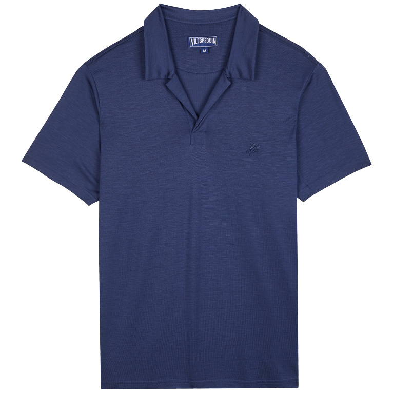 Solid blue polo shirt made from Tencel, featuring a classic collar, short sleeves, and a subtle embroidered logo on the chest, available in size XL.