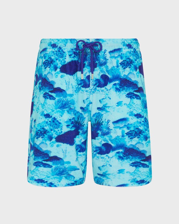 Men's terry Bermuda shorts in a vibrant coral reef print, featuring shades of blue and turquoise, an elastic waistband with drawstring, and a relaxed fit, size XL.