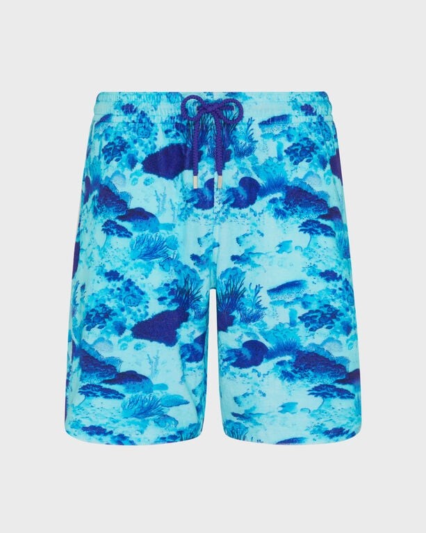 Men's terry Bermuda shorts in a vibrant coral reef print, featuring shades of blue with a drawstring waistband, available in size XXL.