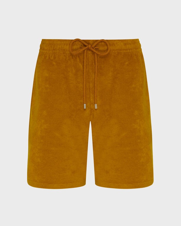 Brown terry Bermuda shorts by Vilebrequin, featuring an elastic waistband with a drawstring, knee-length cut, and a solid color design, available in size L.