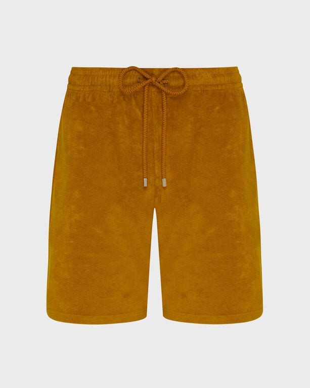 Brown terry Bermuda shorts by Vilebrequin, featuring an elastic waistband with a drawstring, solid color, and a relaxed fit, size M.