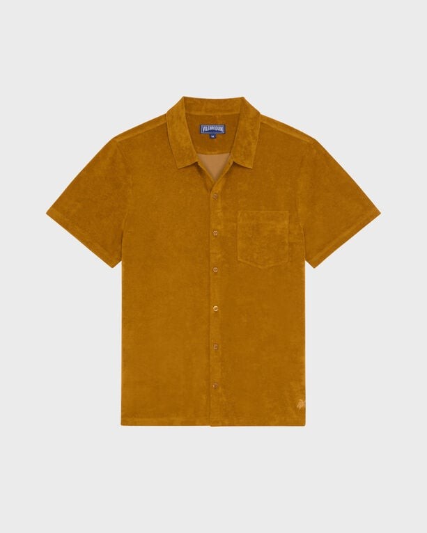 Brown terry bowling shirt by Vilebrequin, featuring a button-down front, short sleeves, and a single chest pocket, in size XXXL.