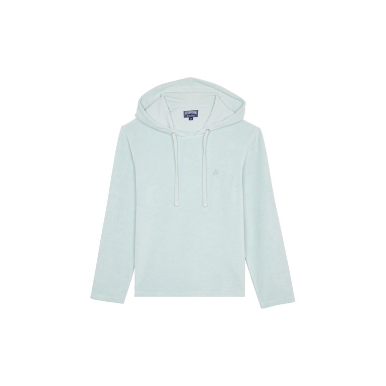 Light blue terry cloth long-sleeve hooded t-shirt by Vilebrequin, featuring a drawstring hood and a small logo on the chest, available in size S.