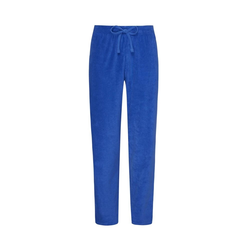 Solid blue terry pants by Vilebrequin, featuring an elastic waistband with a drawstring, designed for men in size L, offering a comfortable and casual look.