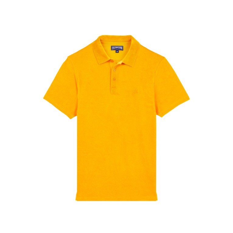 Bright orange terry polo shirt by Vilebrequin, featuring a classic collar, three-button placket, short sleeves, and a subtle logo on the chest, available in size L.