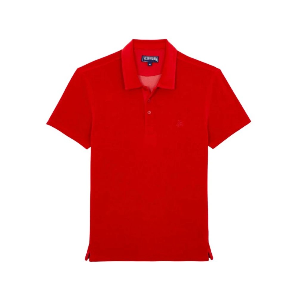 Bright red slim fit polo shirt made of cotton pique, featuring a classic collar, short sleeves, and a small embroidered logo on the chest.
