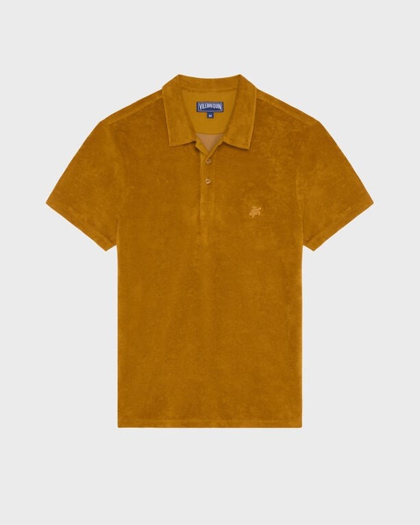 Brown terry polo shirt by Vilebrequin, featuring a classic collar, three-button placket, and an embroidered logo on the chest, available in size XXXL.