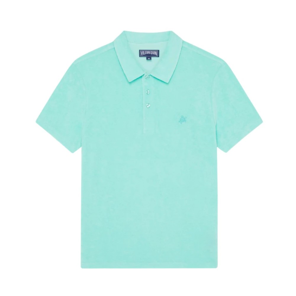 Solid green terry polo shirt by Vilebrequin, featuring a classic collar, three-button placket, and embroidered logo on the chest, available in size XL.
