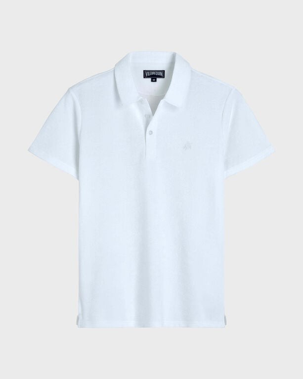 White terry polo shirt by Vilebrequin, featuring a classic collar, short sleeves, and a subtle logo on the chest, available in size XS.