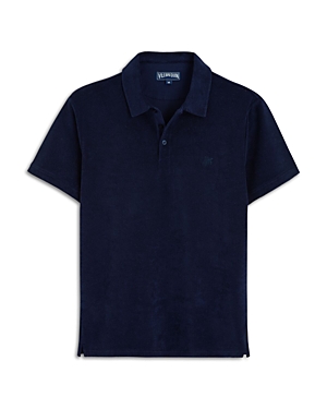 Navy blue terry polo shirt by Vilebrequin, featuring a classic collar, short sleeves, and a subtle logo on the chest, available in size XL.