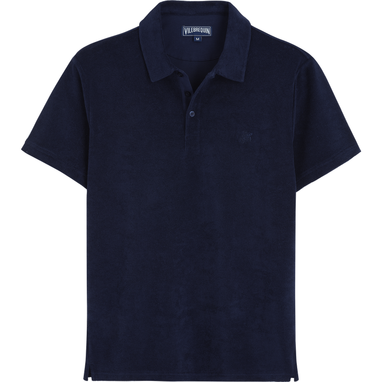 Navy blue terry polo shirt by Vilebrequin, featuring a classic collar, short sleeves, and a subtle logo on the chest, available in size XXXL.