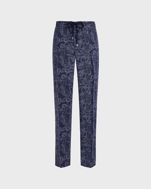 Two-tone blue linen pants featuring a playful octopus print, with a drawstring waist and a relaxed fit, designed for men in size 40 by Vilebrequin.