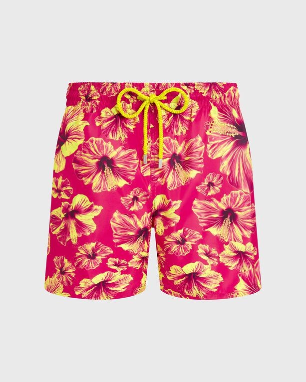 Men's ultra-light pink swim shorts featuring a vibrant macro hibiscus floral pattern in yellow, with an elastic waistband and drawstring for a comfortable fit, size M.