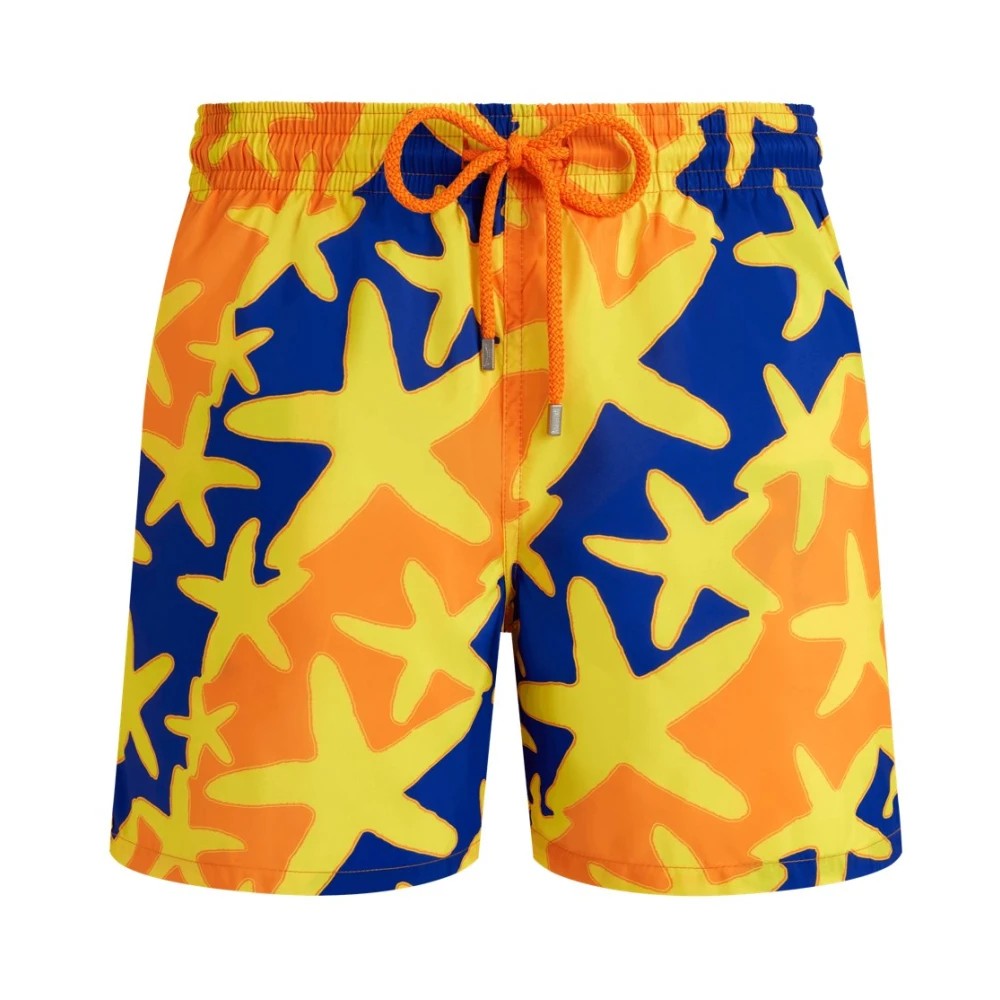 Ultra-light, packable swim shorts featuring a vibrant orange and blue starfish pattern, with an elastic waistband and adjustable drawstring, in size XXXL.