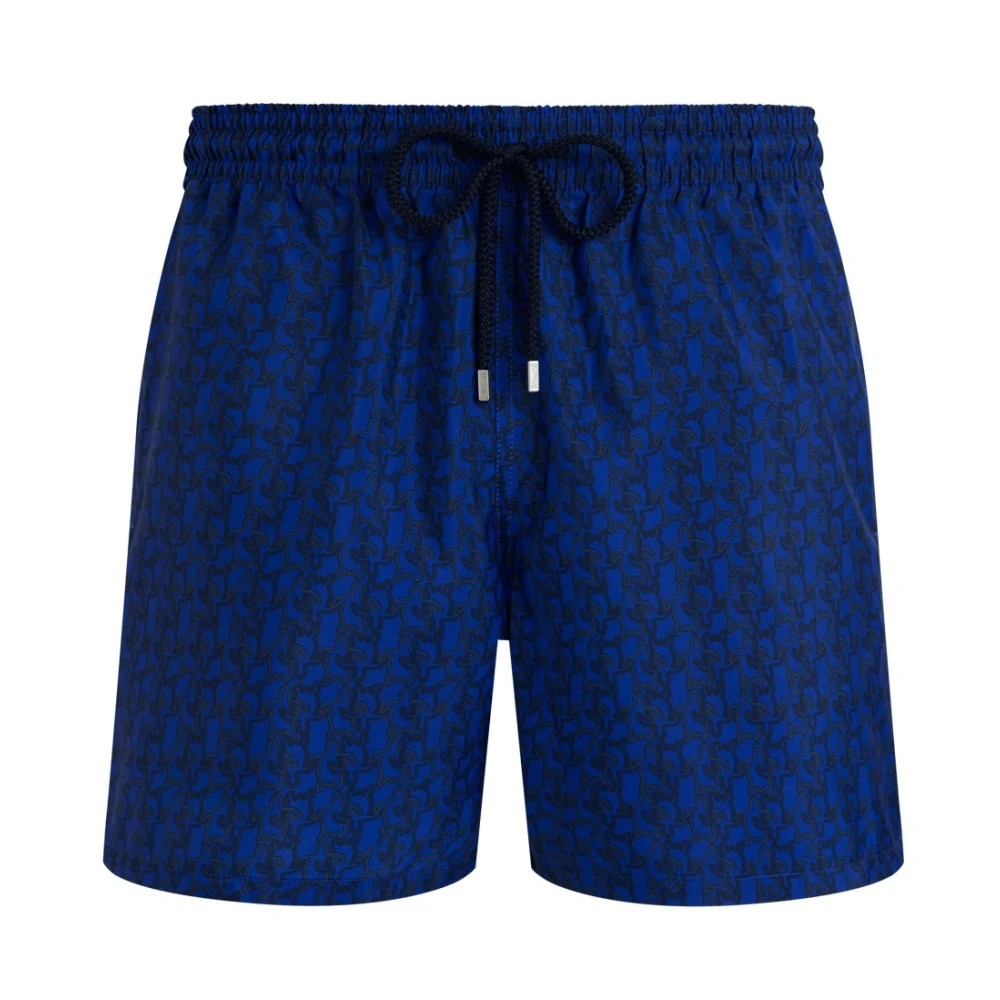 Blue ultra-light swim shorts featuring a turtle pattern, elastic waistband with drawstring, and a packable design, sized L by Vilebrequin.