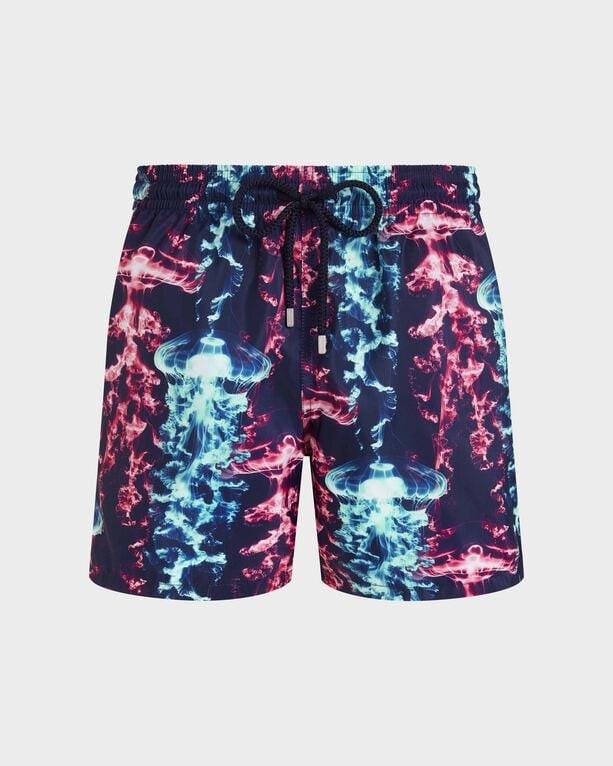 Blue ultra-light swim shorts featuring a vibrant X-ray Medusa jellyfish print, with an elastic waistband and adjustable drawstring, in size L.