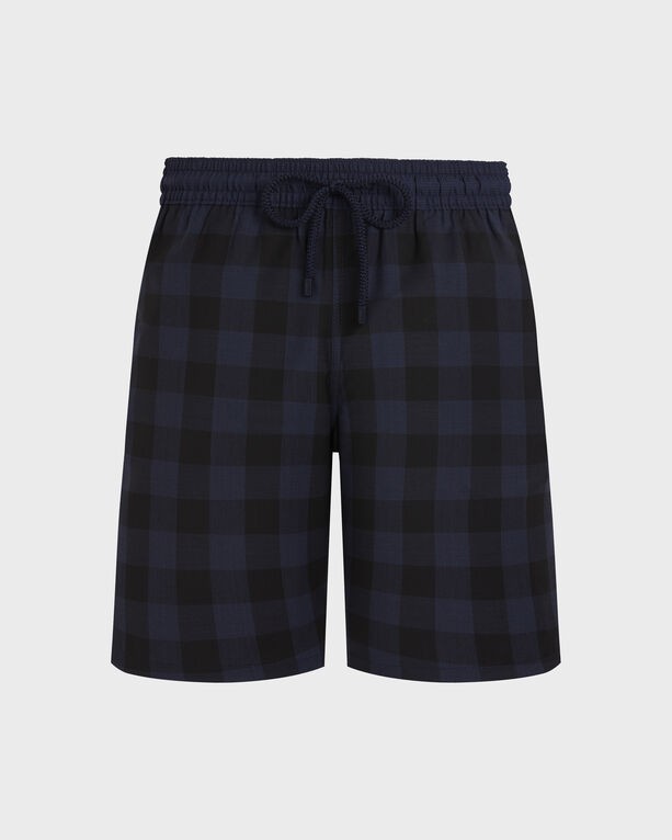 Blue ultrafine wool long swim shorts featuring a macro check tartan pattern, elastic waistband with drawstring, and a relaxed fit, available in size XXXL.