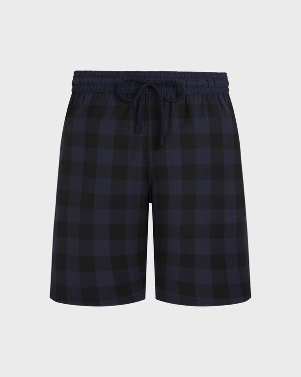 Men's ultrafine wool long swim shorts in blue with a macro check tartan pattern, featuring an elastic waistband and drawstring, size XL.