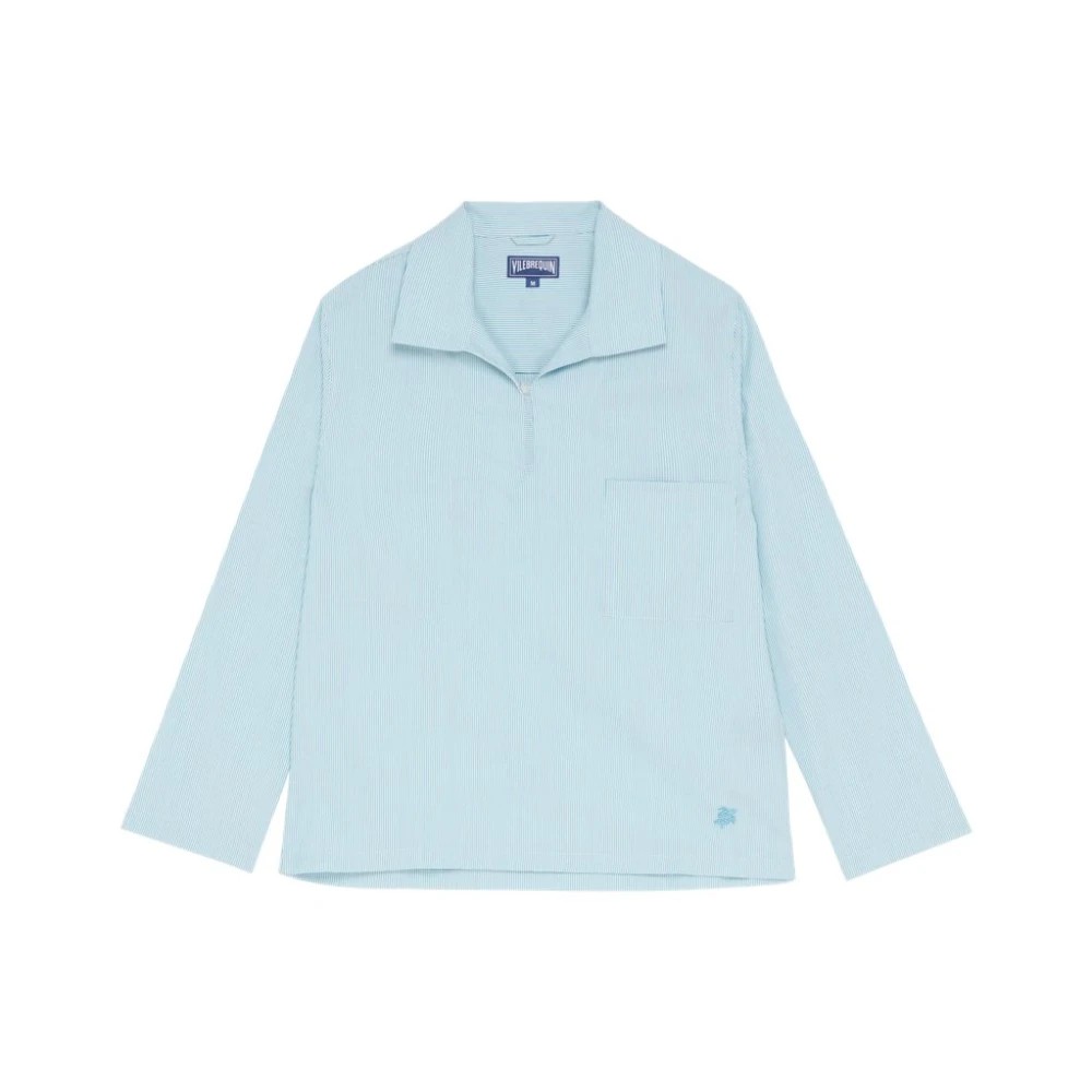 Light blue ultrafine wool peajacket shirt with micro stripes, featuring a collar, long sleeves, a chest pocket, and Vilebrequin branding, in size XXXL.