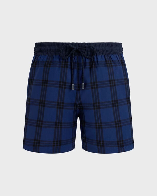 Blue ultrafine wool swim shorts featuring a plaid pattern, elastic waistband with drawstring, and a tailored fit, designed for men in size S.