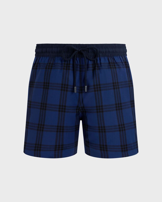 Blue ultrafine wool swim shorts featuring a plaid pattern, an elastic waistband with a drawstring, and a tailored fit, sized L.