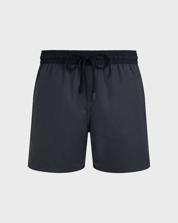 Blue ultrafine wool swim shorts with a micro check pattern, featuring an elastic waistband and drawstring, tailored design, and size S.
