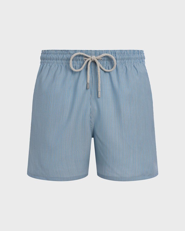 Blue ultrafine wool swim shorts with micro stripes, featuring an elastic waistband and drawstring, tailored design, and available in size XL.