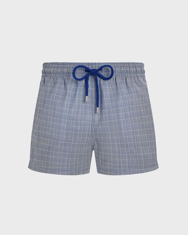 Blue ultrafine wool swim shorts featuring a Prince of Wales check pattern, elastic waistband with a blue drawstring, and a relaxed fit, size XL.
