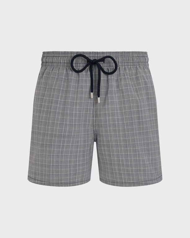Men's ultrafine wool swim shorts in a blue Prince of Wales check pattern, featuring an elastic waistband with a navy drawstring and side pockets. Size M.